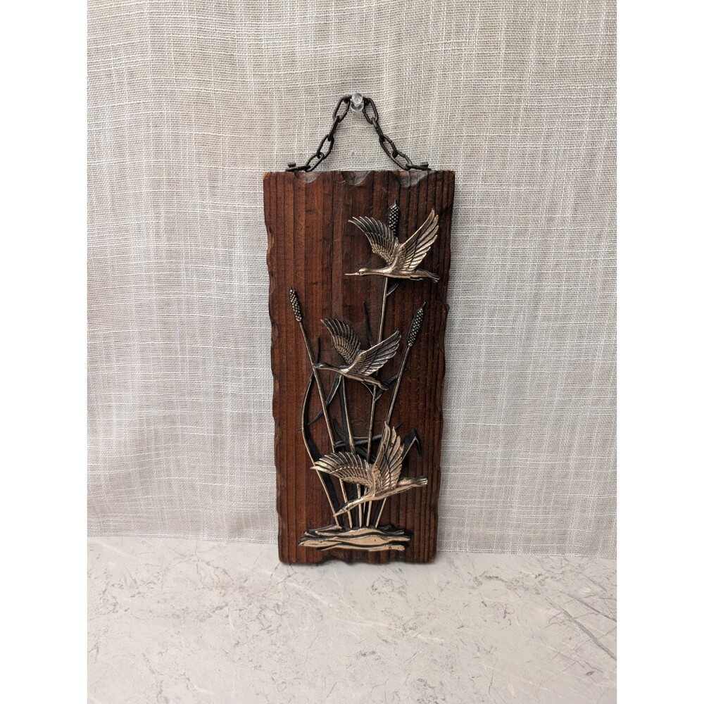 Mid-Century Modern Wooden Plaque Metal Birds in Flight Hanging 3D Effect